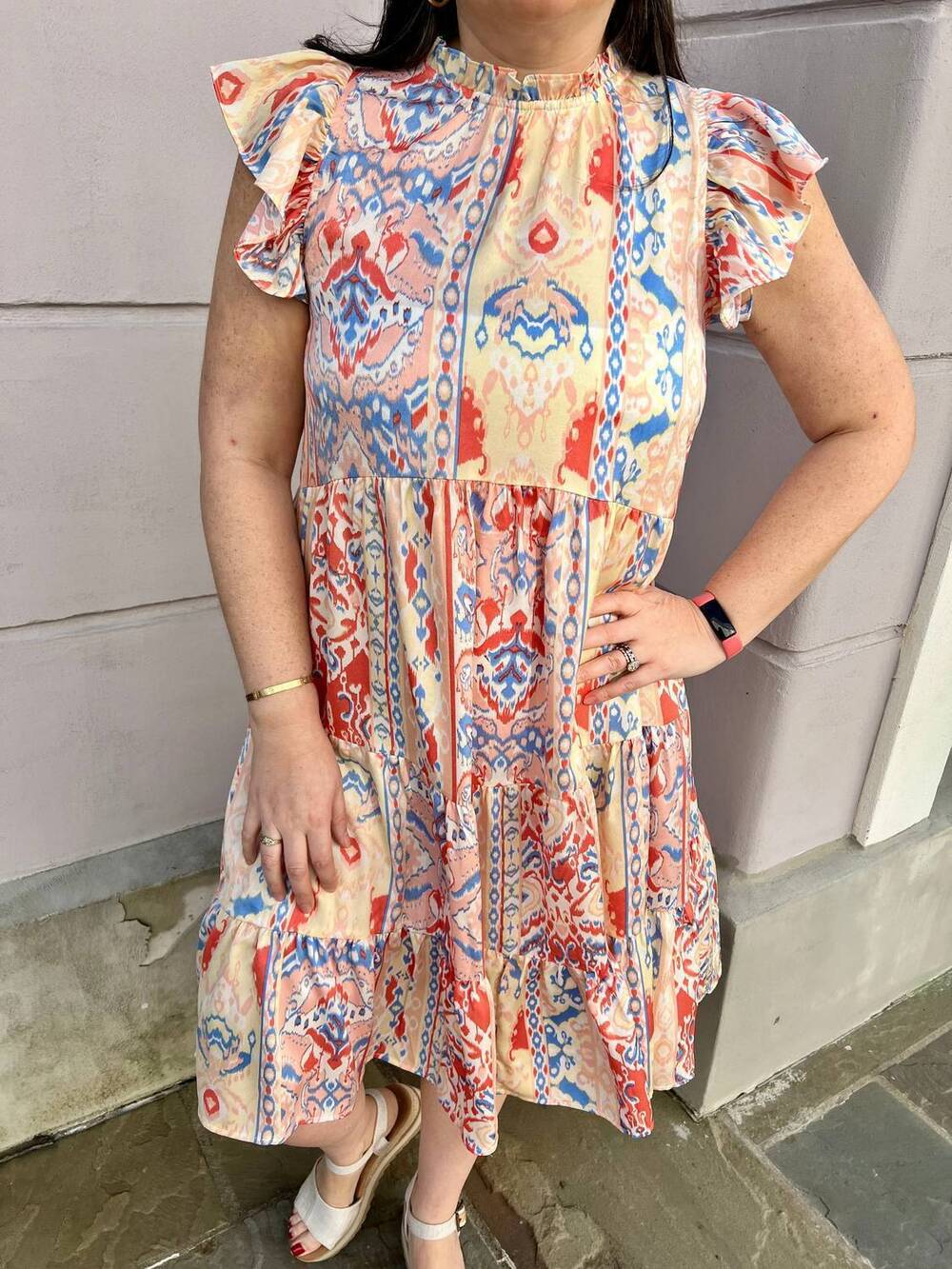 NEW PINCH tiered midi dress in red multi